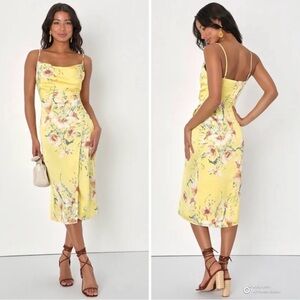 Lulus Sunny Blossom Yellow Floral Print Satin Cowl Neck Midi Dress NWT Sz Medium